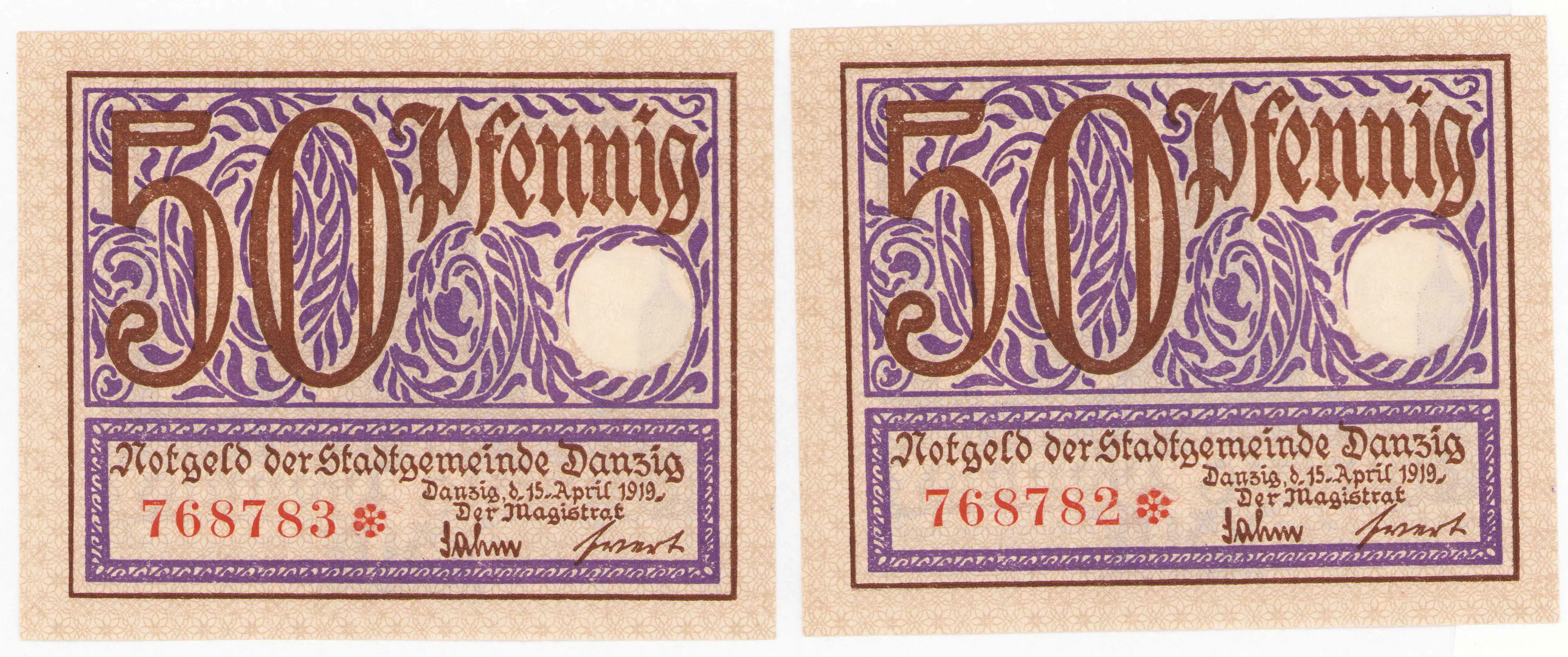 Prusy Zachodnie, Gdańsk - Notgeld. 50 fenigów 1919 – 2 szt. PIĘKNE